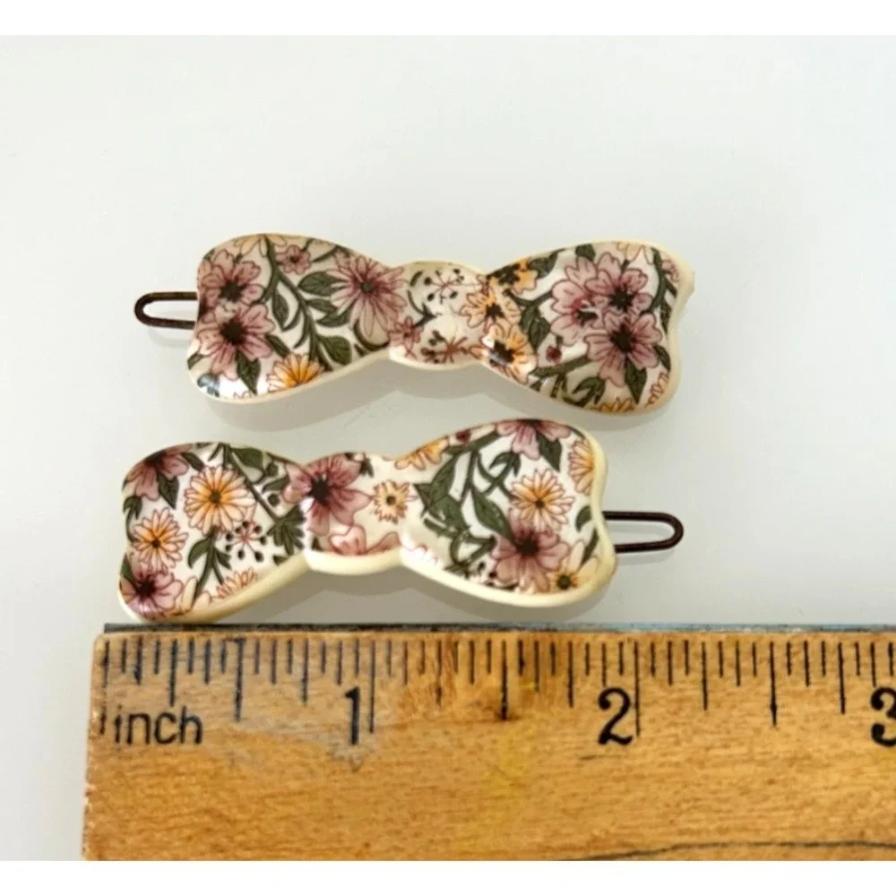 Vintage Made France Hair Barrettes Pair Bow Clips Pearl Sheen Cream Tige Boule
